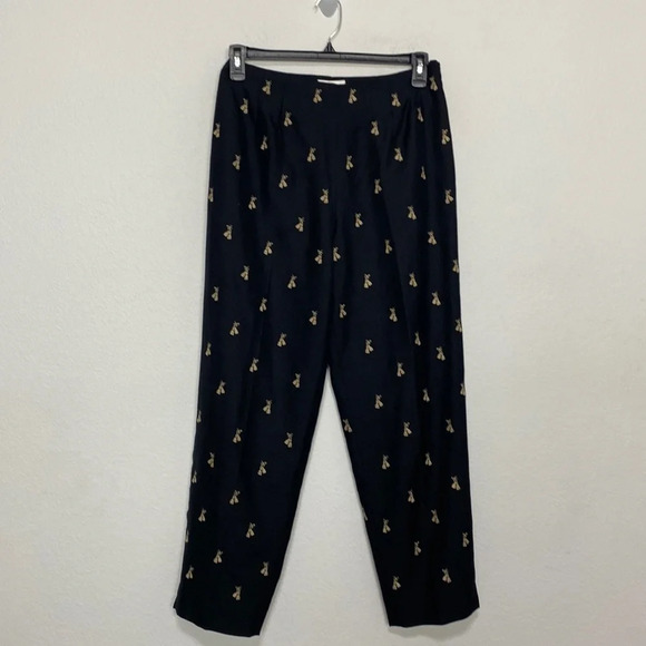 Talbots Black & Tan High Rise 100% Silk Embroidered Ankle Length Trousers Sz 10 - Picture 1 of 8